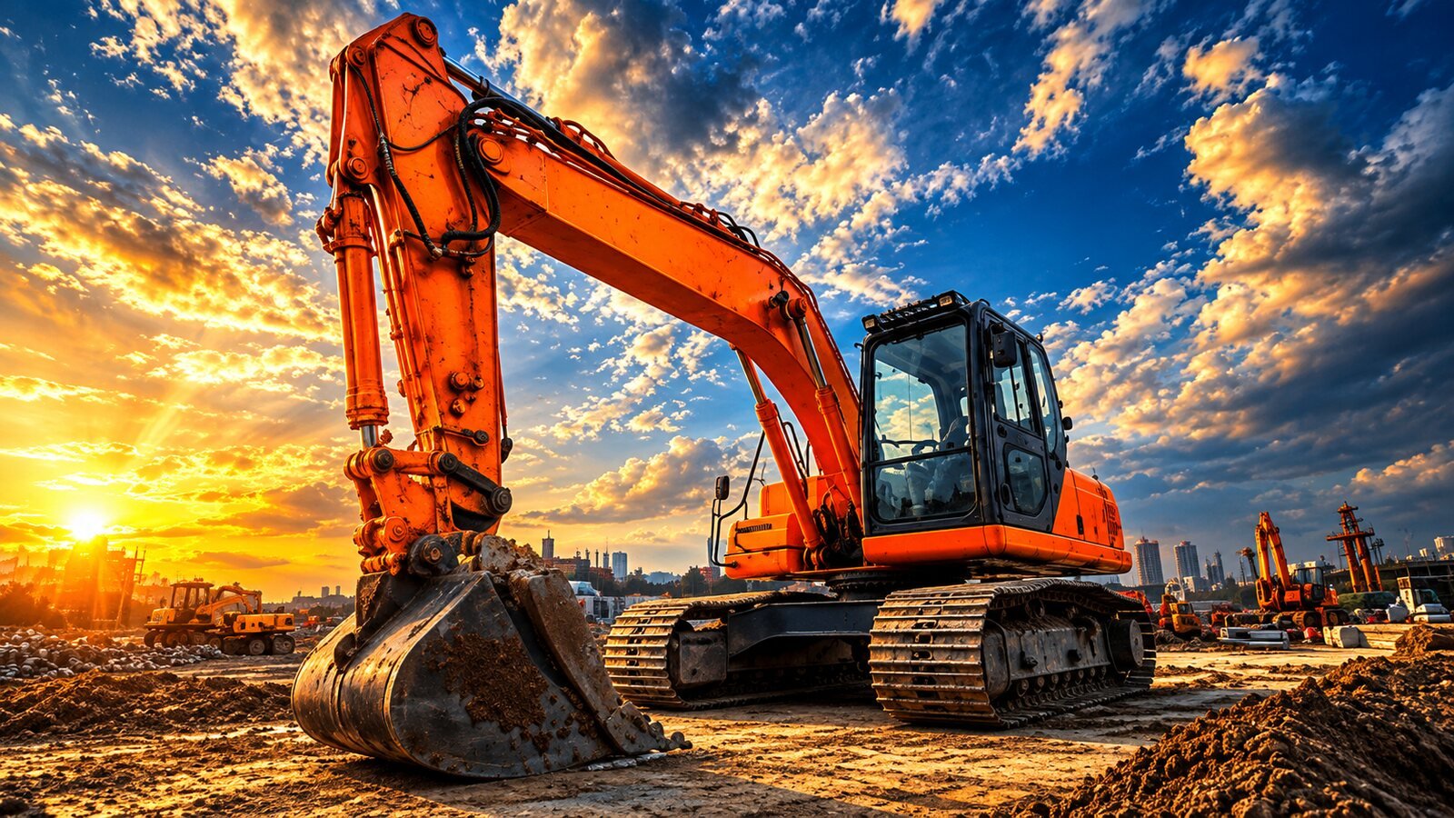 Excavator on a construction site at sunset